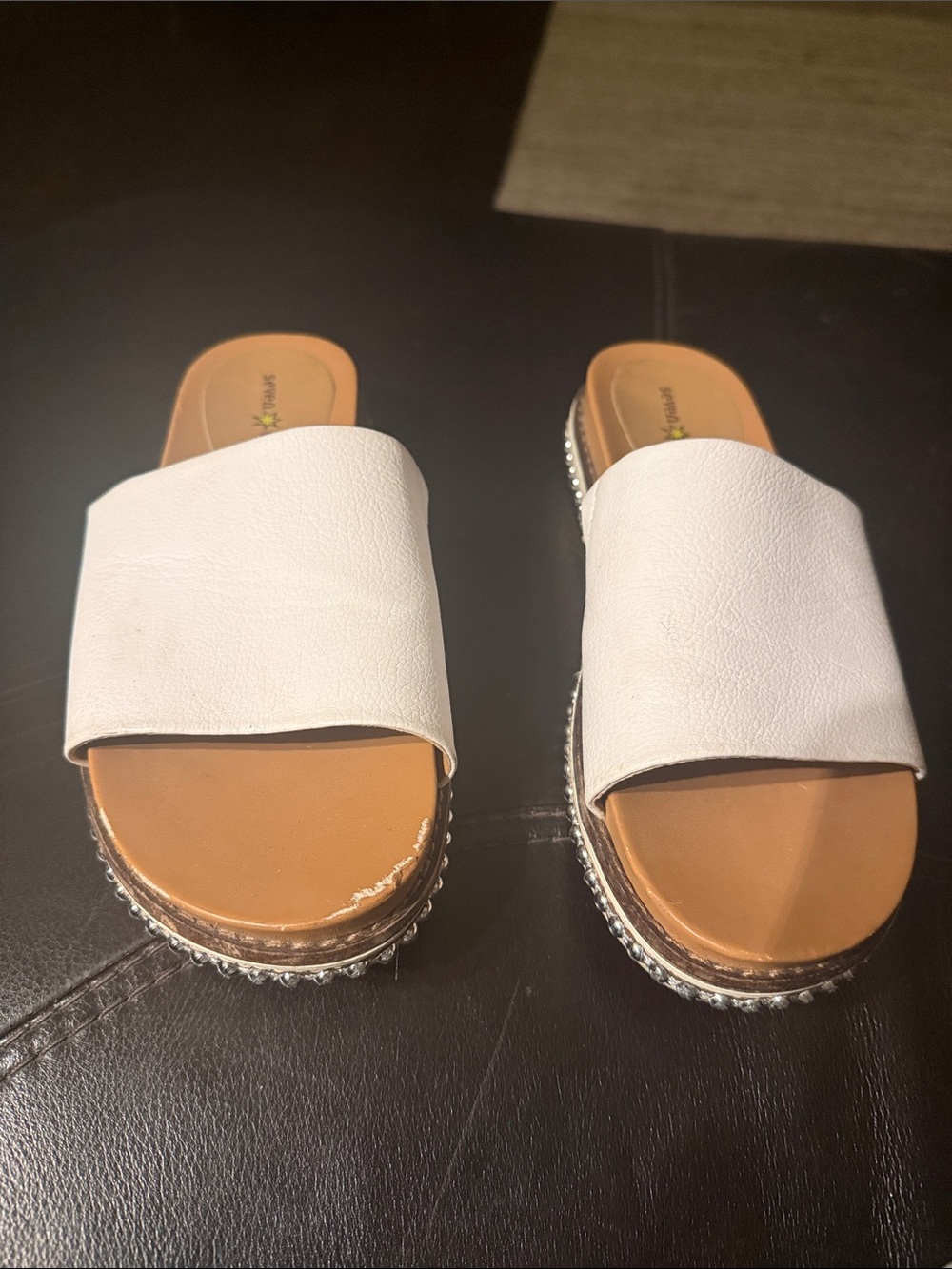 Seven Dials White Slide Sandals with Studded Platform